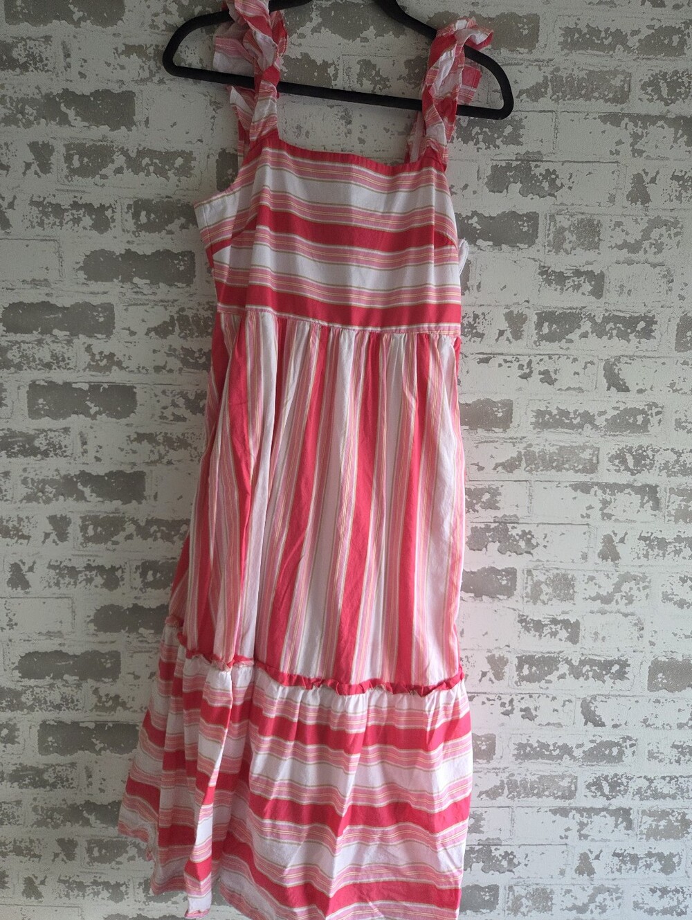 J.Crew Pink Striped Ruffle Strap Tiered Midi Dress Sz 8